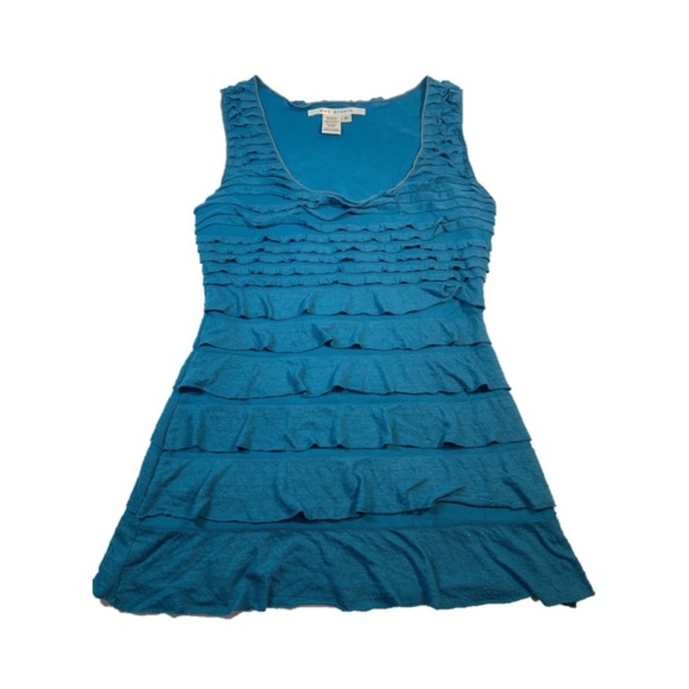 Max Studio Womens Tiered Dress‎ Blue Ruffles Square Neck Sleeveless M- EUC